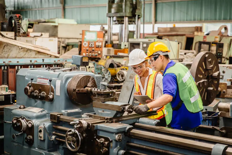 mix-race-worker-working-together-help-each-other-to-work-heavy-industry-machine-wearing-safty-suit-factory-production-line-175591181